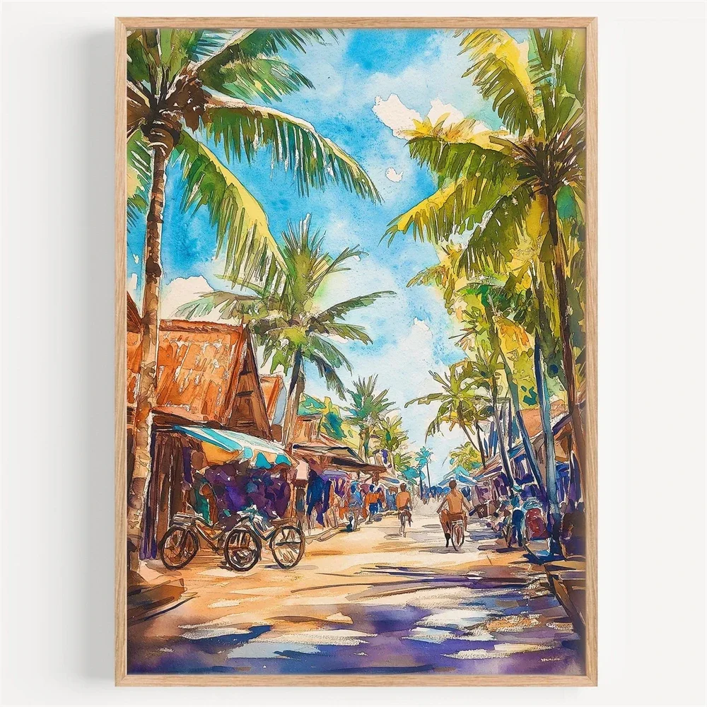 Home Decor Indonesia - Lombok Watercolor Canvas Painting City Landscape