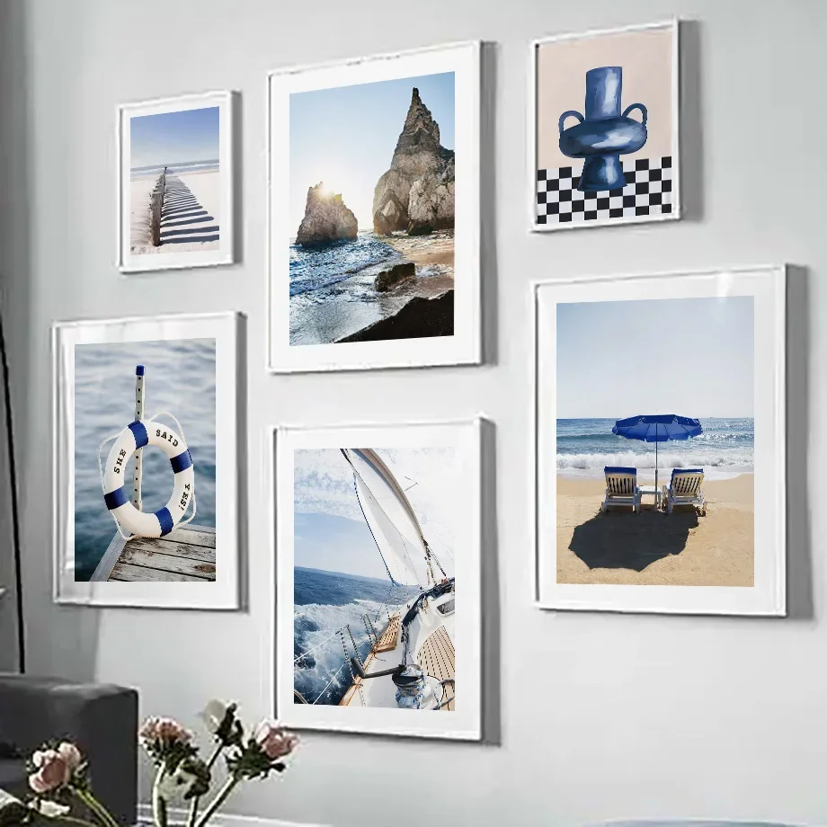 Home Decor Minimal - Blue Sea Sunshine Beach White Sailboat