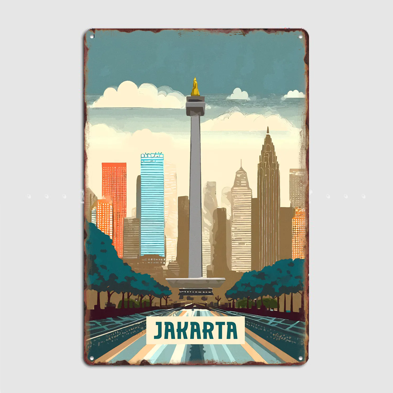 Home Decor Jakarta - Jakarta Vintage City Travel Poster Metal