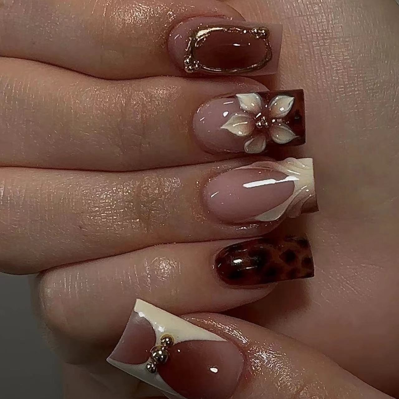 Short square fake nails for wo - Pressed Flower Frame reseña y precio
